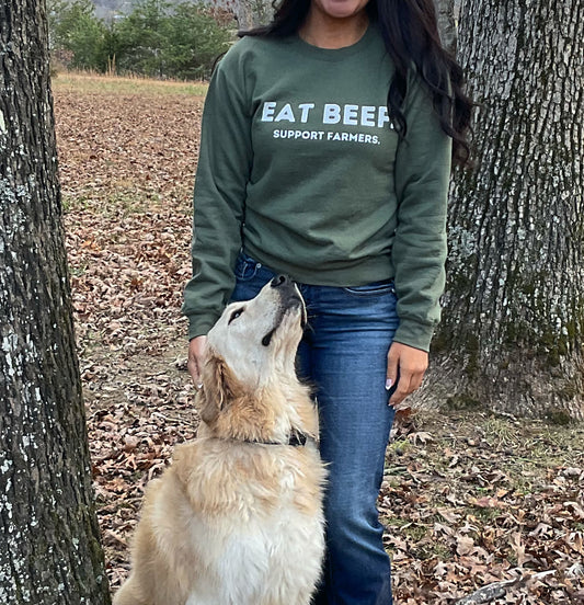 Eat beef. Support farmers. Sweatshirt white text