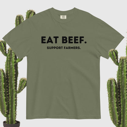 Eat Beef. Support Farmers. Tee black text